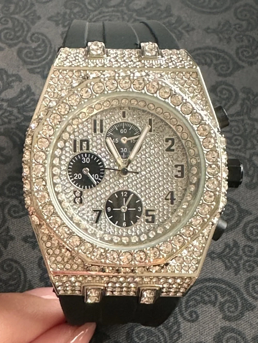 Ice Star Rhinestone Statement Watch Black Silicone Band Working